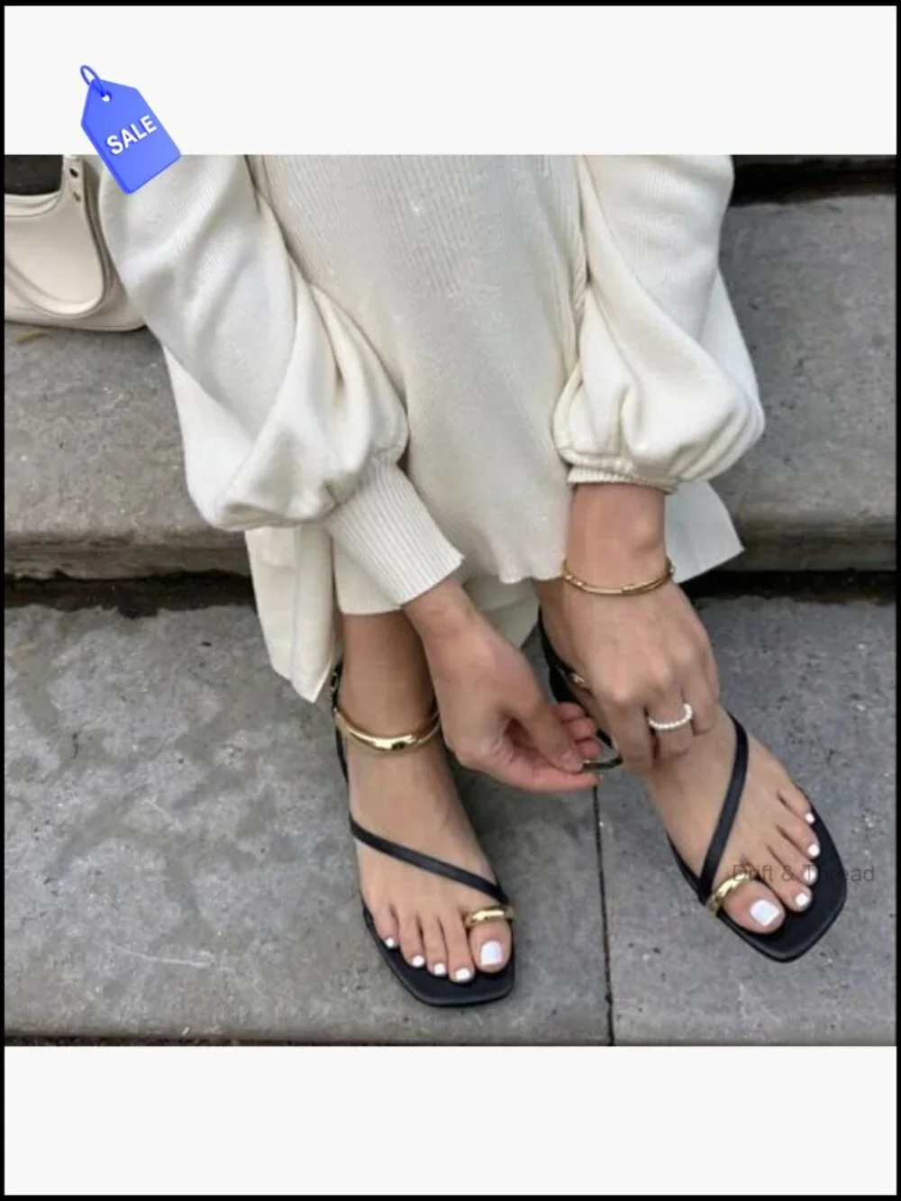 Flat Sandals with Gold Ankle Cuff Toe Ring Vegan Leather